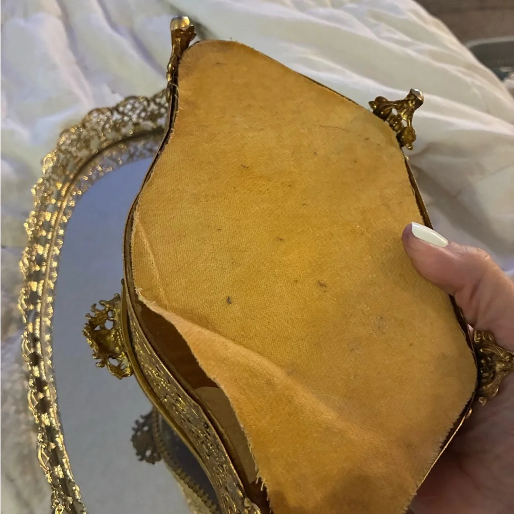 Vtg Gold Metal & Glass Footed Jewelry Box Hinged vanity W Smaller Box & Mirror